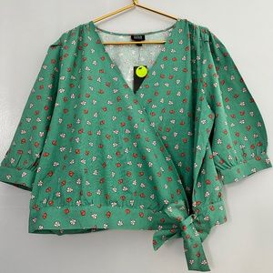 A.N.A GREEN FLOWERED BOW TIE BLOUSE TOP